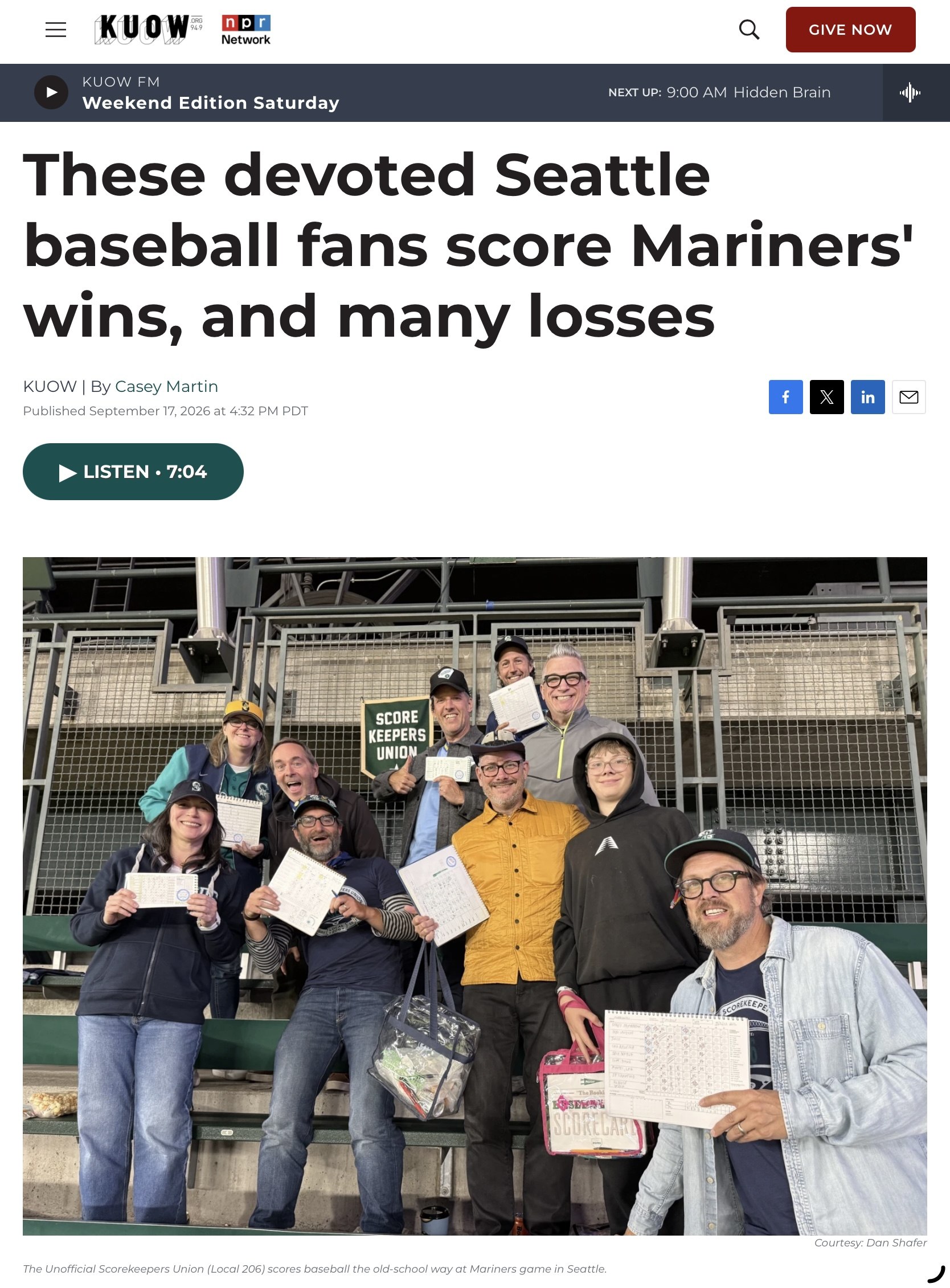 KUOW article: These devoted Seattle baseball fans score Mariners' wins, and many losses